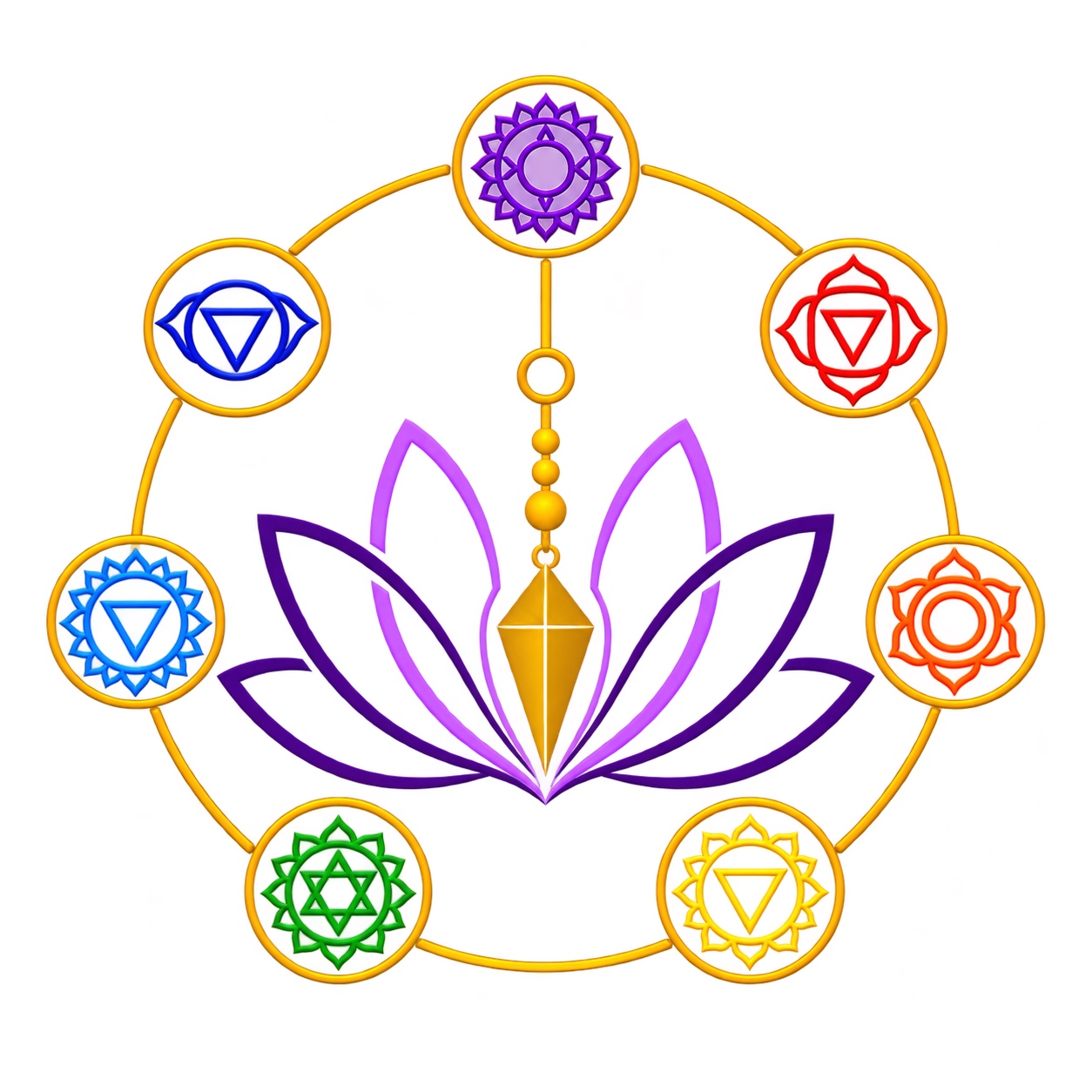 Flor de lótus com pêndulo e sete símbolos dos chakras